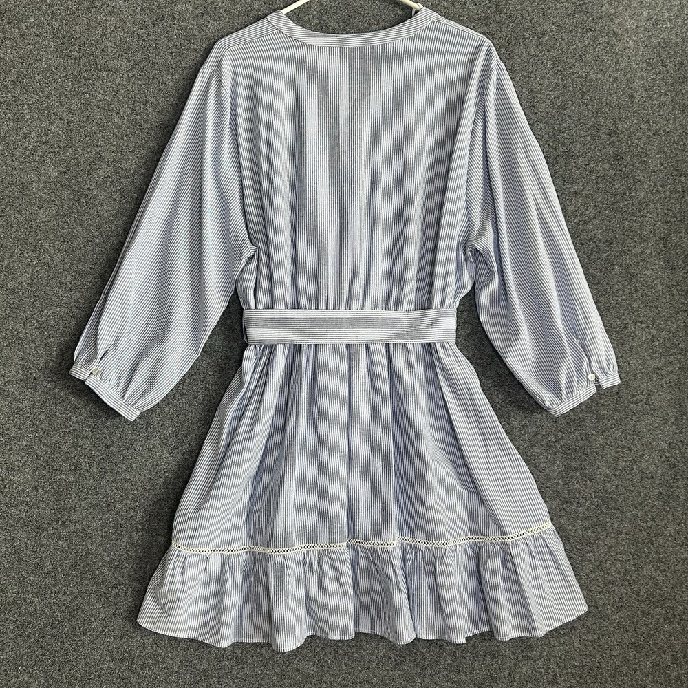 Zara Long Sleeve Linen Blend Dress - Blue White Striped V-Neck  - Womens LARGE - Picture 7 of 14